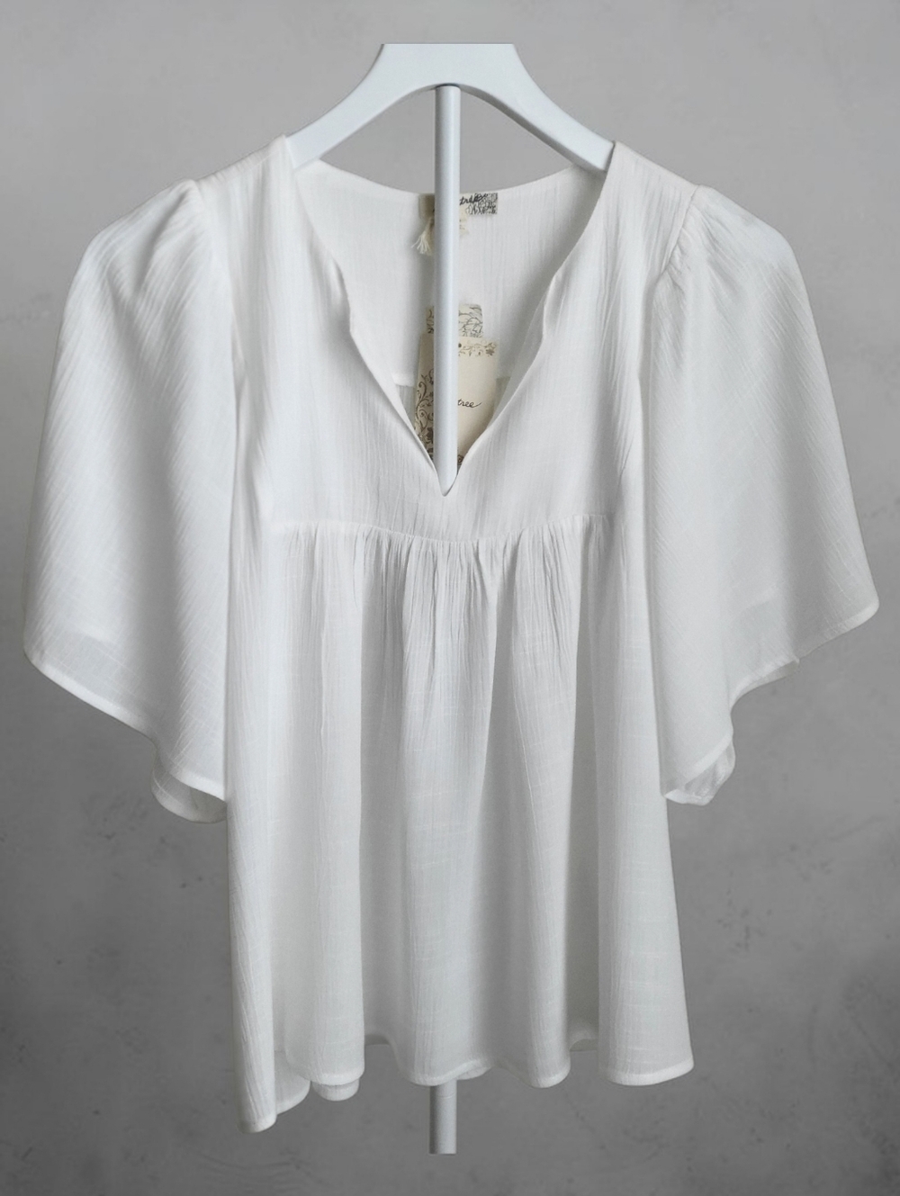 Mystree V-Neck Flutter Sleeve Gauzy Rayon Blouse White S Feminine